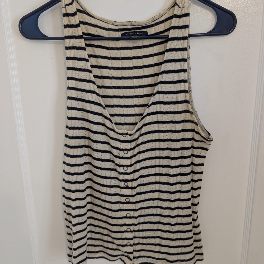 American Eagle Outfitters Black & Cream Striped Button-Front Tank